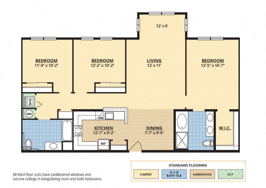 Floor plan for 3 beds, 2 baths, 1522 sqft